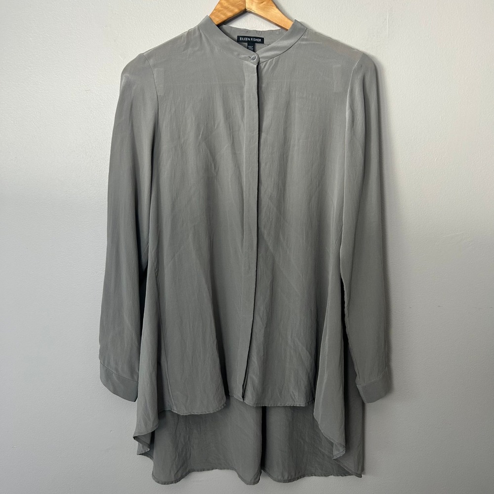 Eileen Fisher Blouse Women S Light Gray Silk Hi Low Banded Collar Tunic